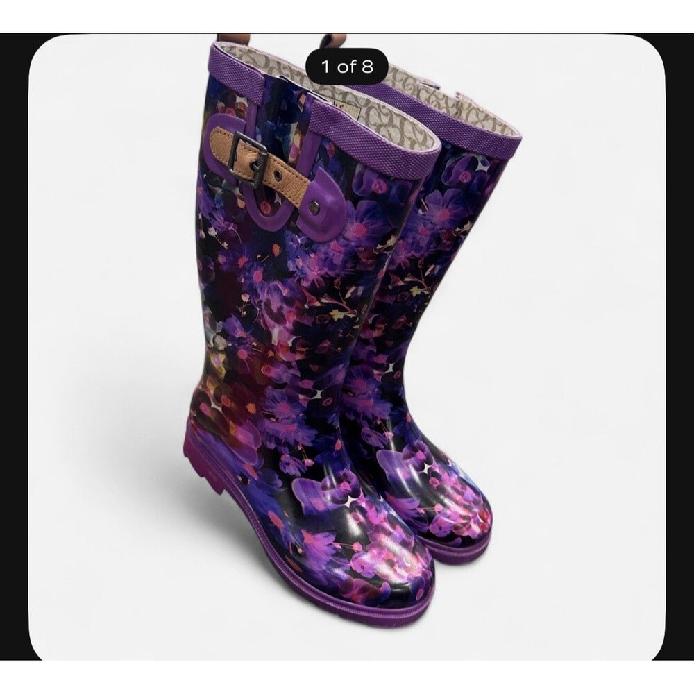 Chooka Womens Size 7 Trance Purple Floral Waterproof Rubber Rain Boots Tall